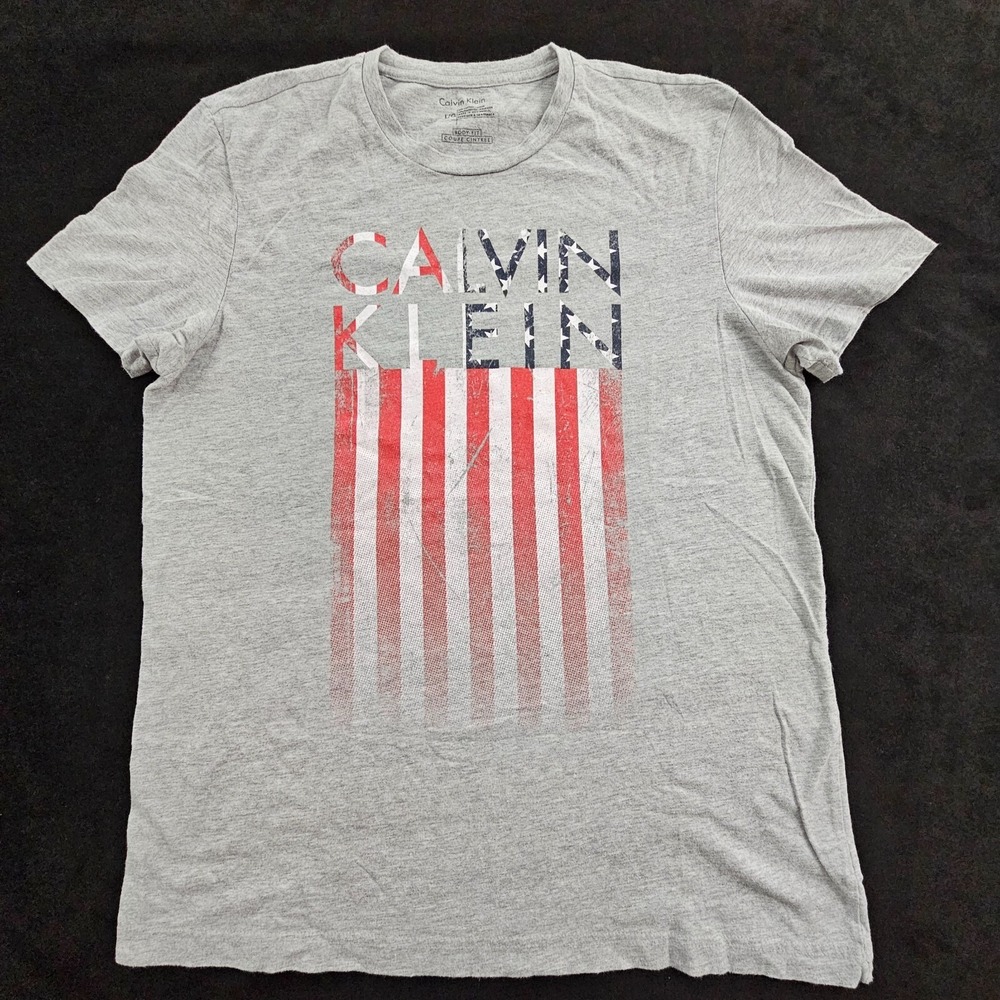 Calvin Klein US Flag Gray Short Sleeve Cotton Blend Body Fit T-Shirt Wome's L
